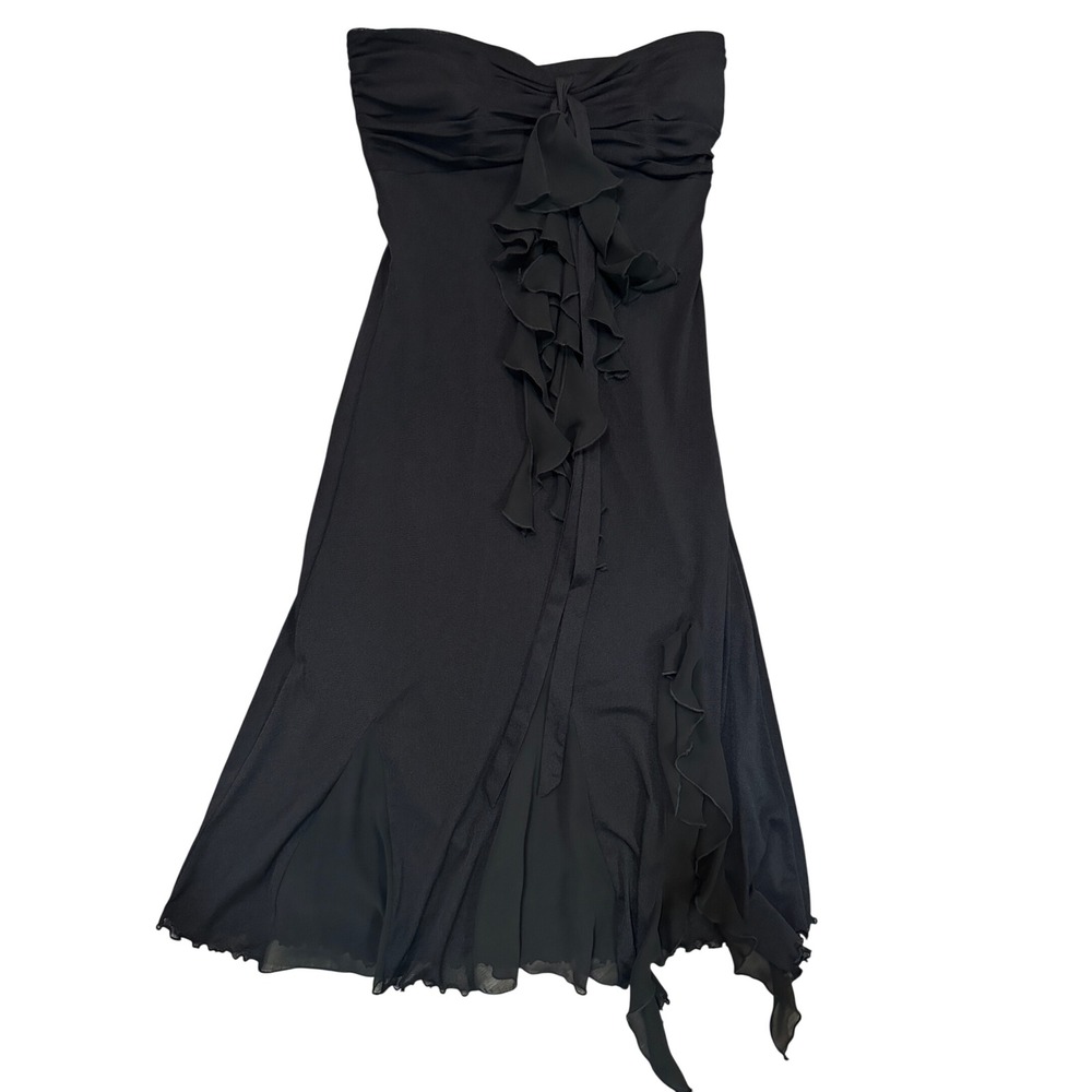 Signature by Sangria Vtg Y2K Black Strapless Ruffle Asymmetrical Midi Dress 6